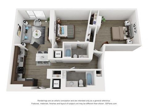 Floor plan for 2 beds, 2 baths, 1147 sqft